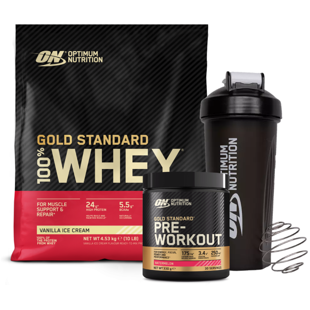 100% Whey Gold Standard 4530g + ΔΩΡΑ Gold Standard Pre-Workout 330g + ON Shaker 600ml Plus Black Smartshake™ (Optimum Nutrition)