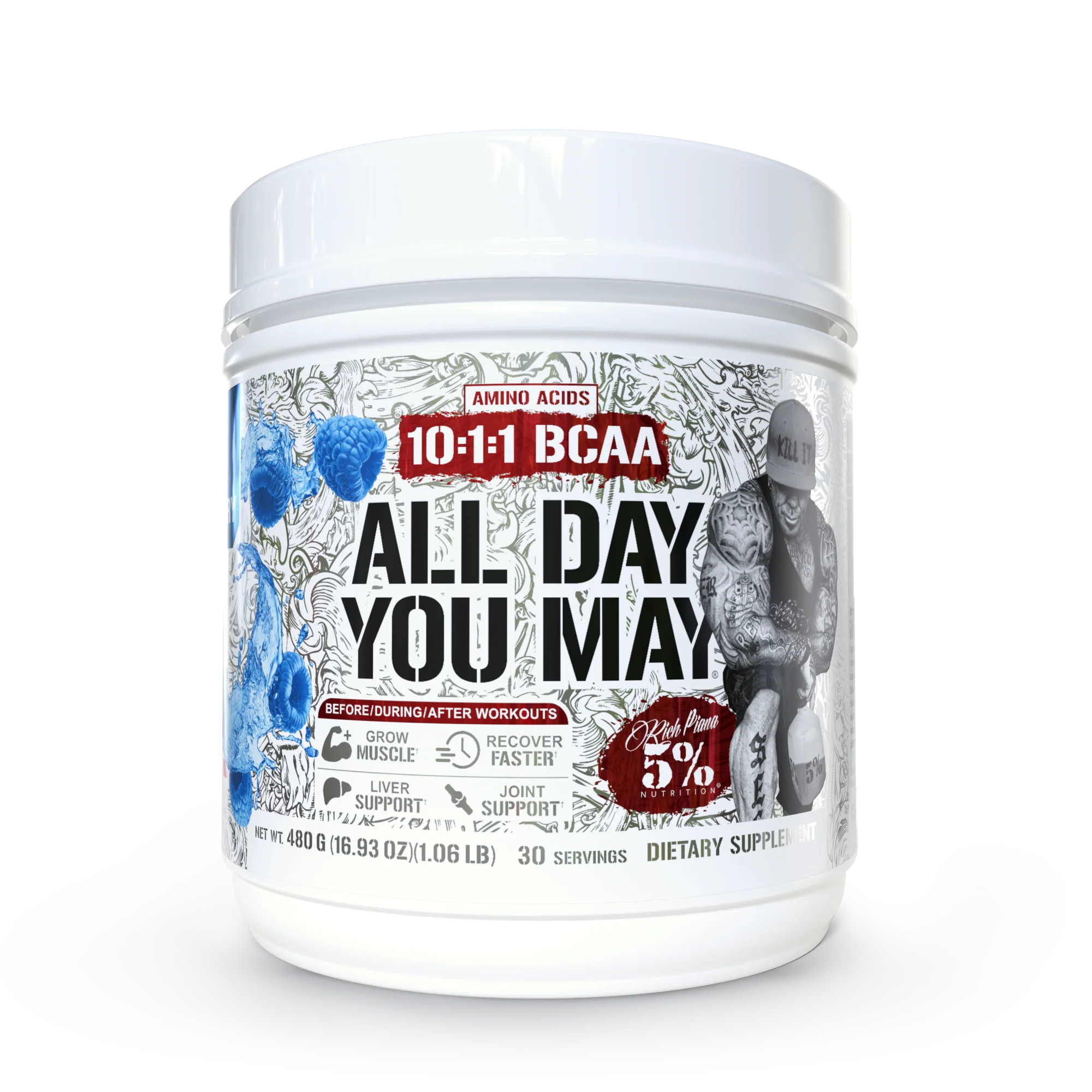 All Day You May 10:1:1 Ratio BCAA Recovery Drink 480g (5% Nutrition) Blue Raspberry