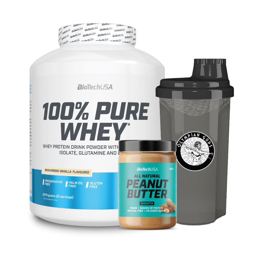 100% Pure Whey 2270g + Peanut Butter 400g (BiotechUSA) + Shaker 700ml (Olympian Gods)