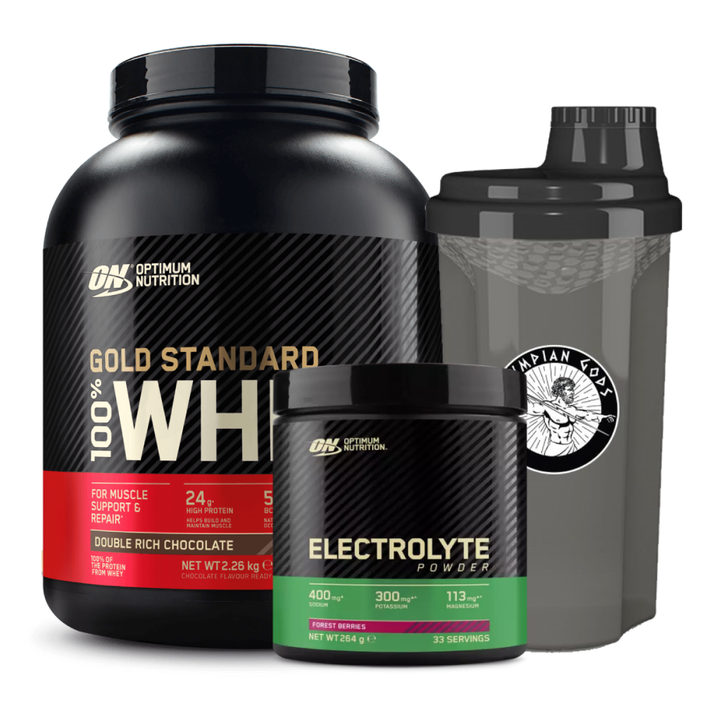 100% Whey Gold Standard 2270g + Electrolyte Powder 264g (Optimum Nutrition) + Shaker 700ml (Olympian Gods)